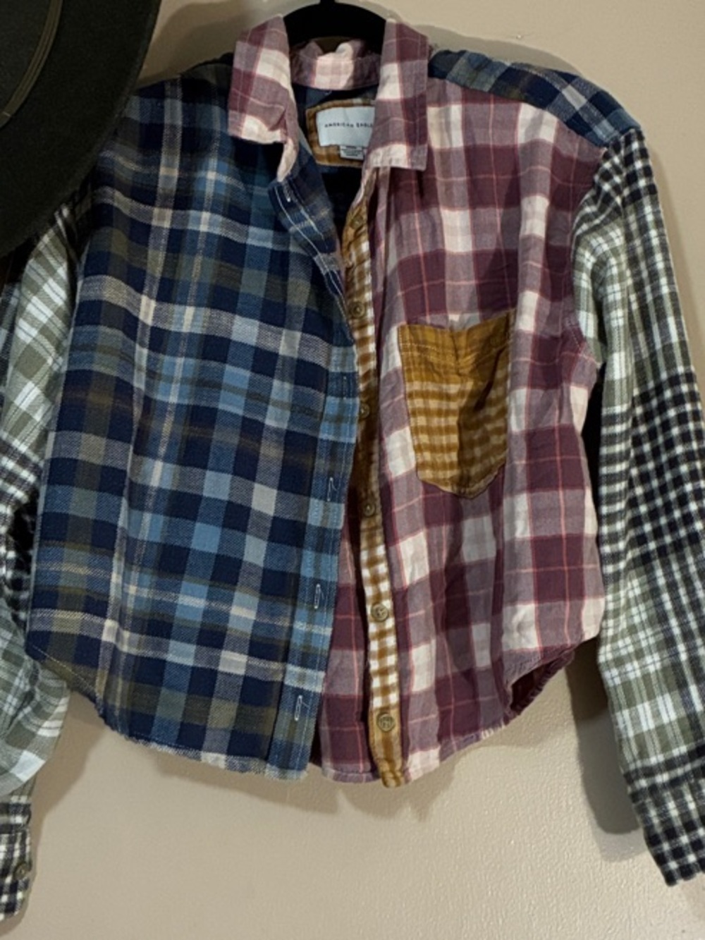 American Eagle Women’s M- Patchwork Plaid Button-Up Crop Shirt - Multicolor